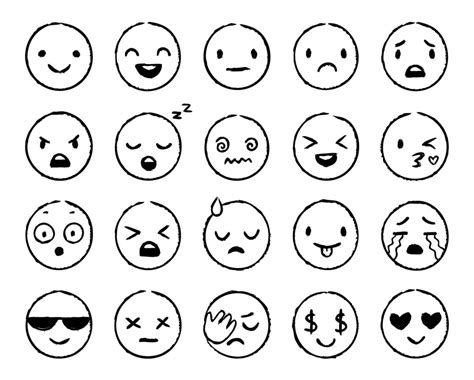 Hand Drawn Emoji Doodle Emoticons Smile Face Sketch And Grunge Ink