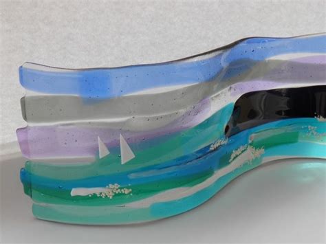 Wave Shaped Fused Glass Panel Seascape With Yacht Sails Waves Blues
