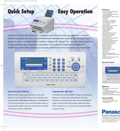 Panasonic Dx 800 Specification Sheet