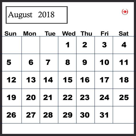 Printable August 2018 Calendar Canada Blank Calendar Template