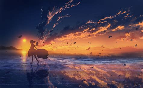 K Sea Gulls Reflection Horizon Sunset Clouds Anime Sky Sea Sunset Glow Sky Hd