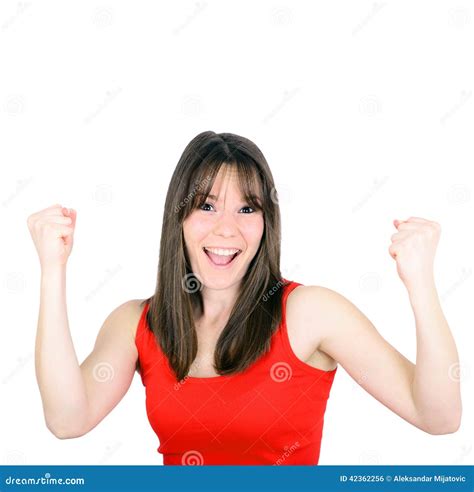 Excited Happy Success Young Woman With Fists Up Is Stock Photo Image