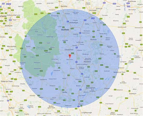 Calcuate the radius distance of a circle at a location on a map to measure the distance in all directions. Free delivery within a 25 mile radius, for more information call 01246 250 222 / 01246 250 333