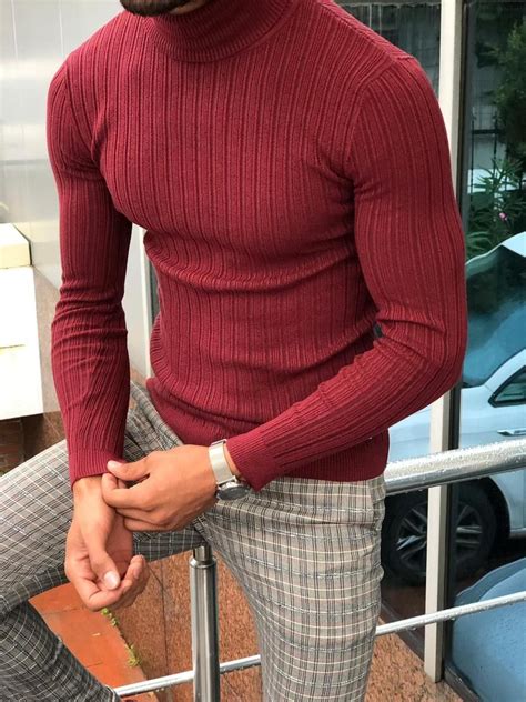 Turtleneck Knitwear Fitted Turtleneck Ribbed Sweater Men Sweater