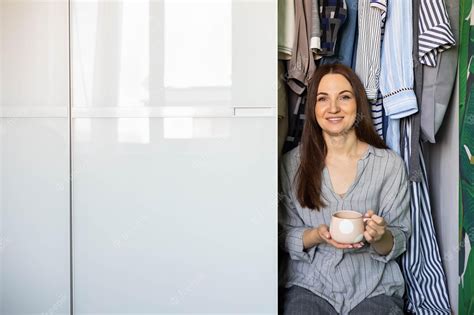 Premium Photo Portrait Happy Domestic Woman Posing Wardrobe Storage Organization Wooden