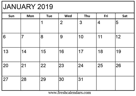 Free Printable 2019 Calendar