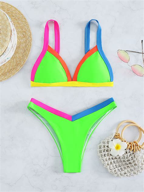 Shein Swim Sprty Neon Lime Bikini Set Contrast Binding Triangle Bra Top