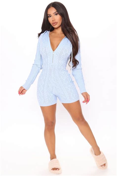 Chancy Hooded Knit Romper Blue Knitted Romper Rompers Fashion Romper
