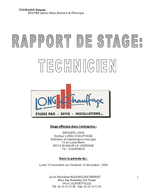 Rapport De Stage Technicien Thermique Bts 2004 Complet Photos