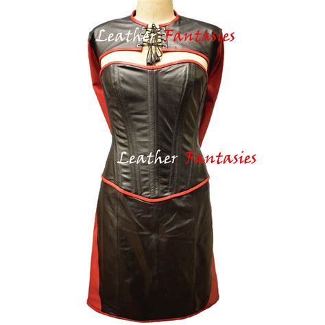 Leather Corset Dress With Armbinder Corset Kleid Leather Steel Boned Women Genuine Black Red