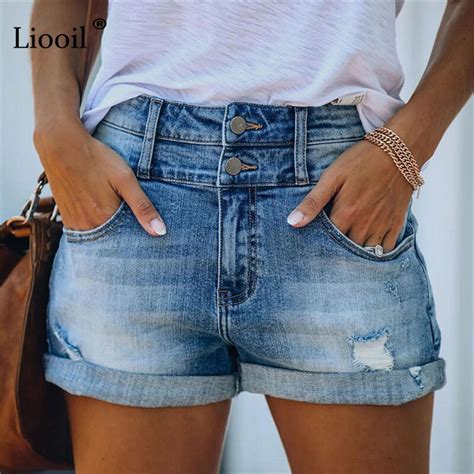 Cotton Button Up Cuffed Stretch Sexy Hole Jean Shorts High Waist Skinny