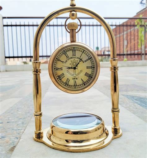 Brass Made Desk Clock Base Compass Beautiful Handmade Shiny Etsy