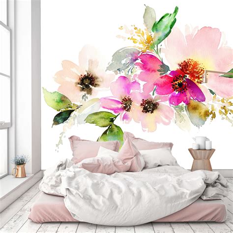 Removable Wallpaper Mural Peel Stick Flowers Watercolor Etsy
