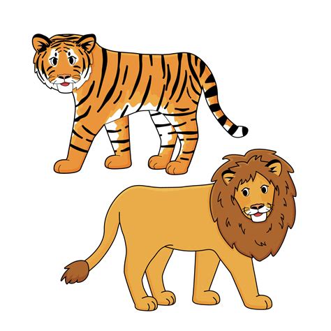 Tiger And Lion Vector Isolated Animals Hand Drawn Cartoon Drawing On