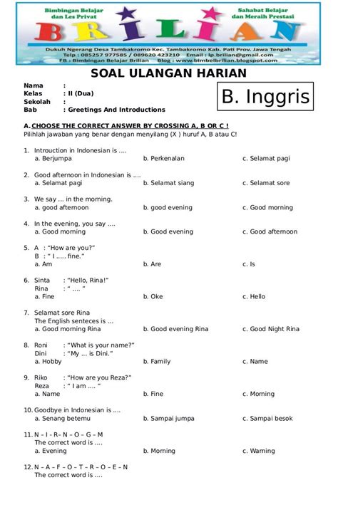 30 Soal Bahasa Inggris Kelas 2 Sd Dan Kunci Jawabannya English Class