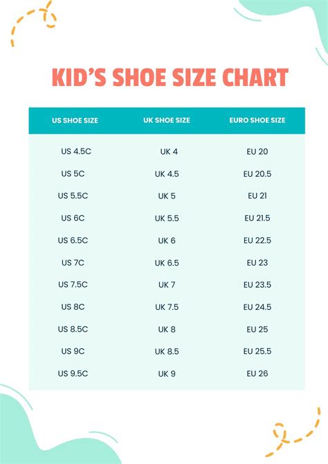 Kids Shoe Size Chart In Illustrator Pdf Download