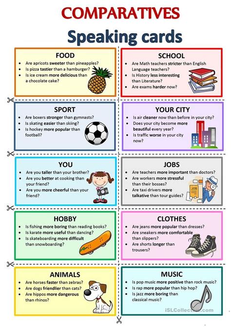 Every child has different interests. Comparatives- Speaking cards - English ESL Worksheets ...
