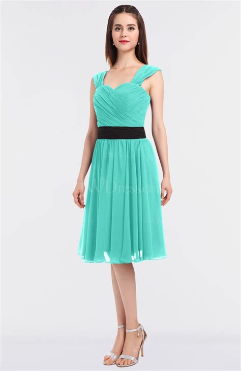 Blue Turquoise Modern A Line Thick Straps Sleeveless Knee Length Sash