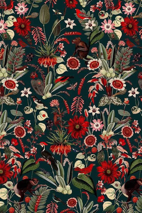 Fabulous Botanical Wallpaper Pattern With Red Flowers And Mandrills