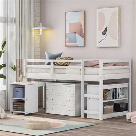 White Twin Loft Bed With Rolling Portable Desk And Cabinet Pinewood