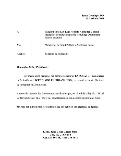 Solicitud De Exequátur Medicina Santo Domingo D 16 Abril Del 2021 Al