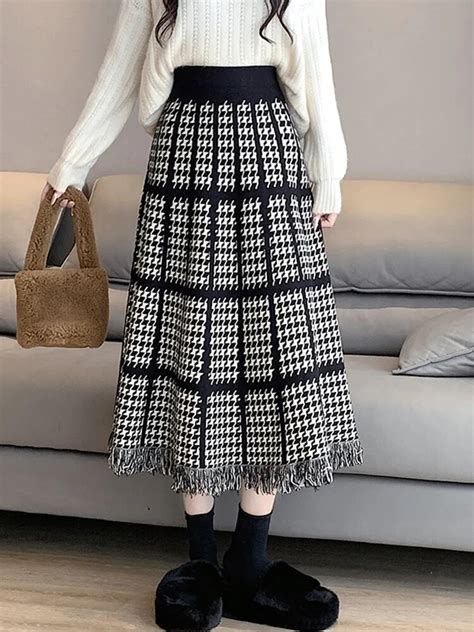 Tigena Houndstooth Knitted Long Skirt For Women Fall Winter