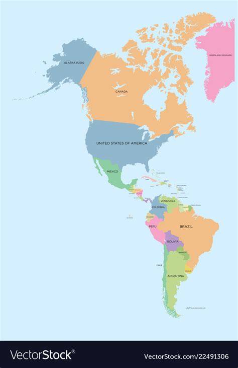 Coloured Political Map North And South America Vector Image