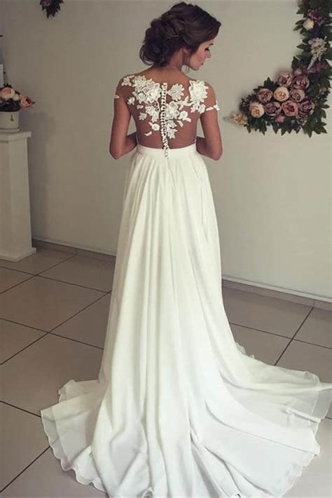 Ivory Cap Sleeves V Neck Wedding Dresses With Sweep Train Appliques