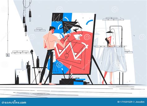 Man Painter Standing At Easel And Creating Picture Stock Vector