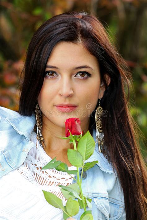 Beautiful Brunette With Red Rose Stock Photo Image Of Flower Girl