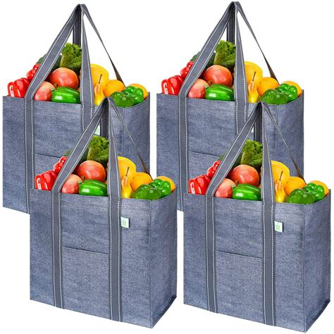 4 pack reusable grocery shopping bag with reinforced hard bottom