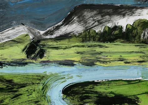 An Abstract Painting Of Mountains And Water With Green Grass In The