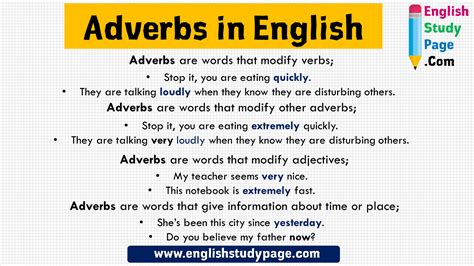 An adverb is a word/a set of words that modifies verbs, adjectives,. Using Adverbs in English, Definition and Example Sentences ...