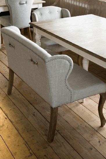 This set of 2 upholstered dining chairs is an easy way to bring a little farmhouse charm (and extra seating) to your dining room or kitchen. Grey bench with pull out handles. | Stylish dining room ...