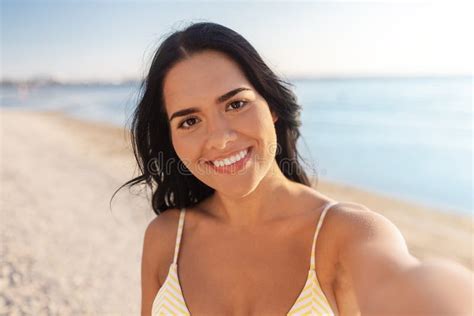 Smiling Woman In Bikini Taking Selfie On Beach Stock Image Image Of