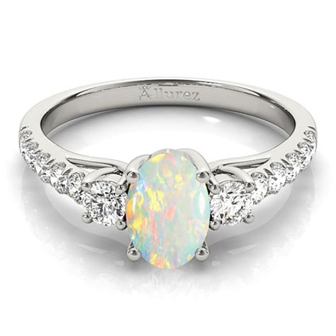 Oval Cut Opal And Diamond Engagement Ring 14k White Gold 140ct Ng11494