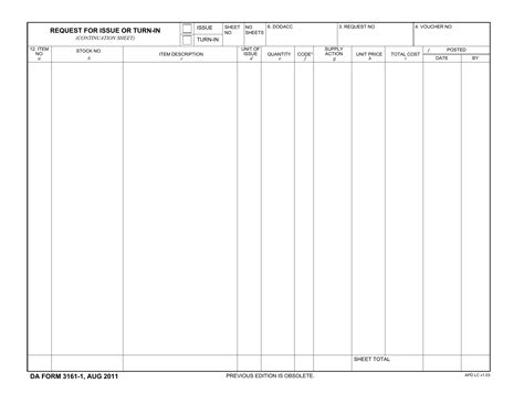 Da Form 3161 1 Request For Issue And Turn In Continuation Sheet