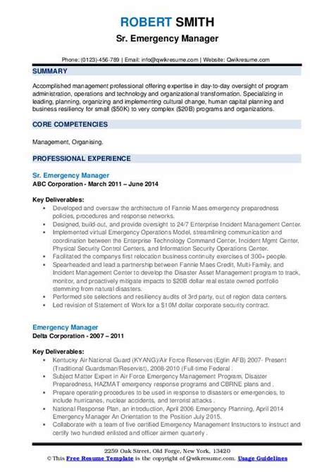 All departments may resume normal operations. Emergency Manager Resume Samples | QwikResume