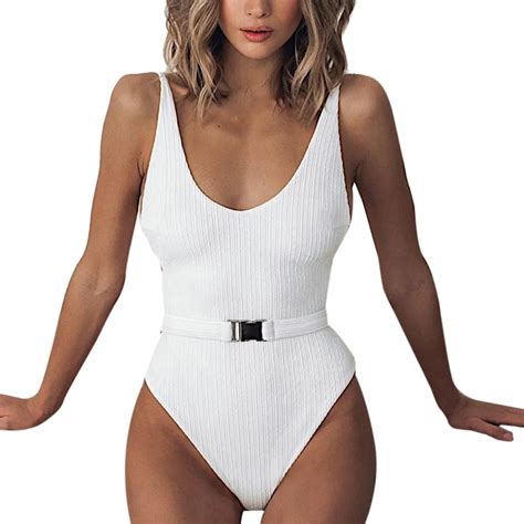 Muqgew Solid Color Belt Buckle One Piece Women Swimsuit One Piece Swimsuit Push Up Padded