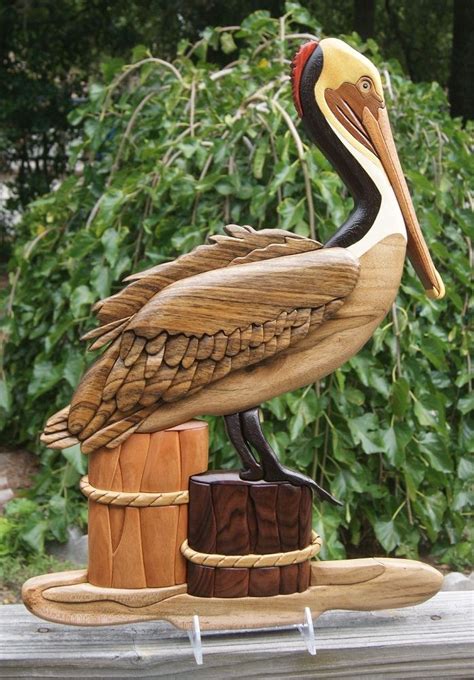 Brad Eklund Brown Pelican Intarsia Carved Wooden Birds Wooden Art