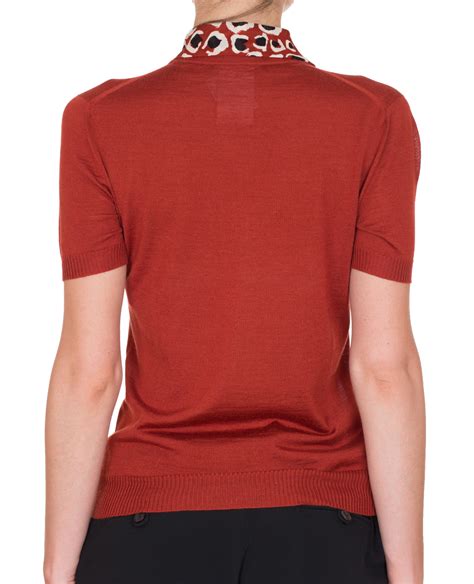 Gucci Women's Red Mini Leopard Print Cashmere Blend Top Shirt