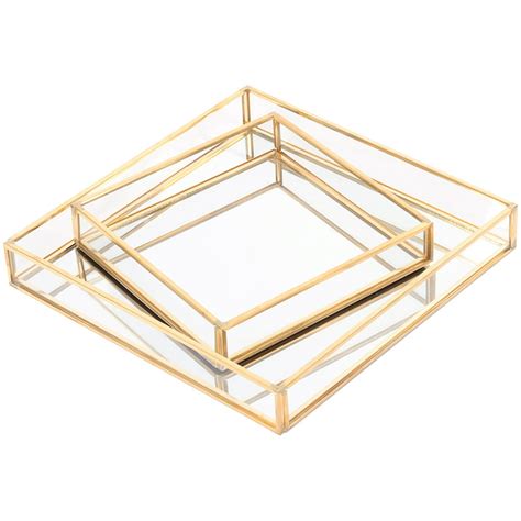 Koyal Wholesale Gold Glass Mirror Square Trays Vanity Set Of 2