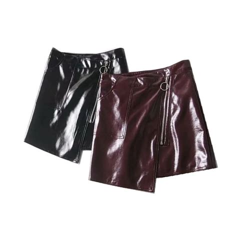 retro astnnetrucal zipper fly package hips bright pu leather mini skirt 2018 women faux leather