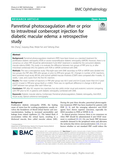 Pdf Panretinal Photocoagulation After Or Prior To Intravitreal