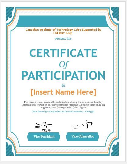 Certificate Of Participation Templates For Ms Word Professional