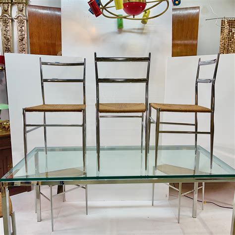 Chrome And Glass Dining Table With 6 Chrome And Rope Superleggera Chairs At 1stdibs Glass