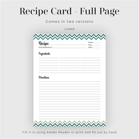 Recipe Card Full Page Colourful Chevron Ii Fillable Etsy Cooking Prep