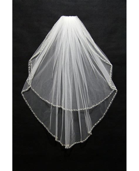 Simple White Tulle Bridal Veil With Beaded Hem Bv004