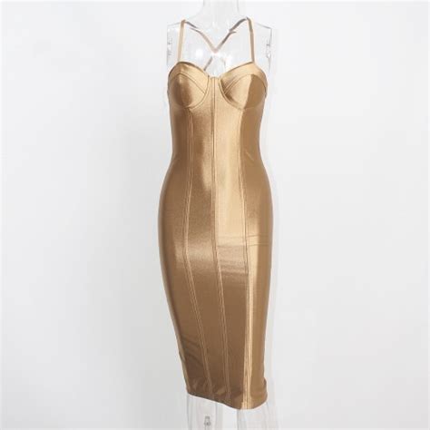 Gold Bodycon Party Dress Strapless Open Back Midi Dresses Tight Package