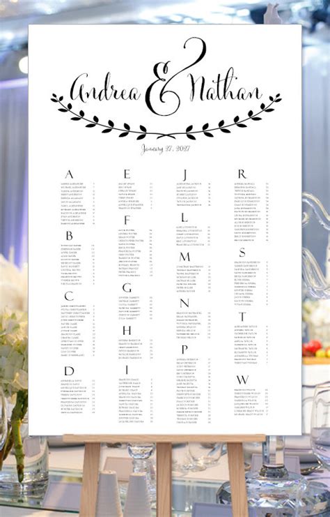 We always use our client's invitation design simply by putting the list of the guests' names in alphabetical order, a seating chart is a much more functional piece than escort cards. Wedding Seating Chart Poster "Andrea" Black & White ...